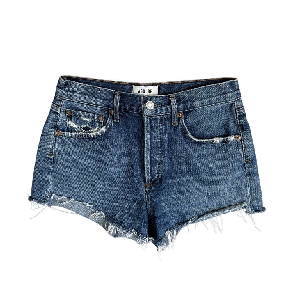 AGOLDE Parker Frayed Denim High Rise Shorts Summer Distressed Blue 25